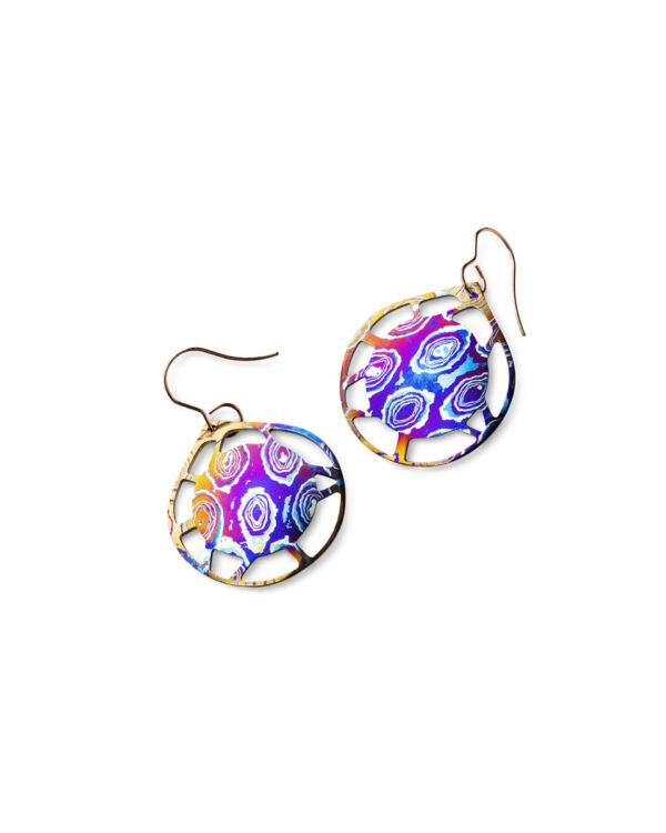 Titanium damask earrings, wide drop with holes along the edge