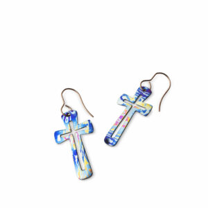 Titanium damask earrings, cross with hole