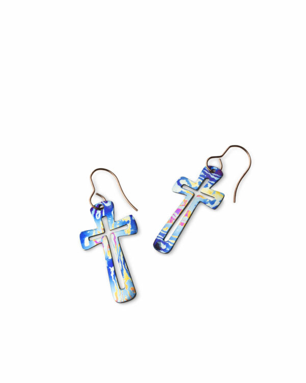 Titanium damask earrings, cross with hole